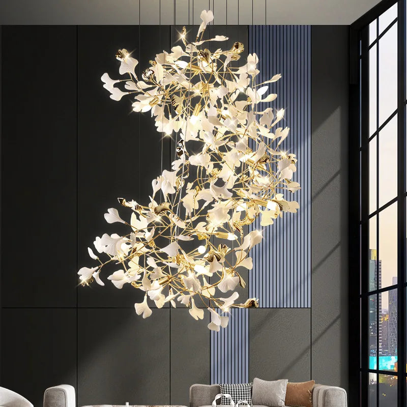 lustre led de luxe moderne en céramique motif ginkgo art villa