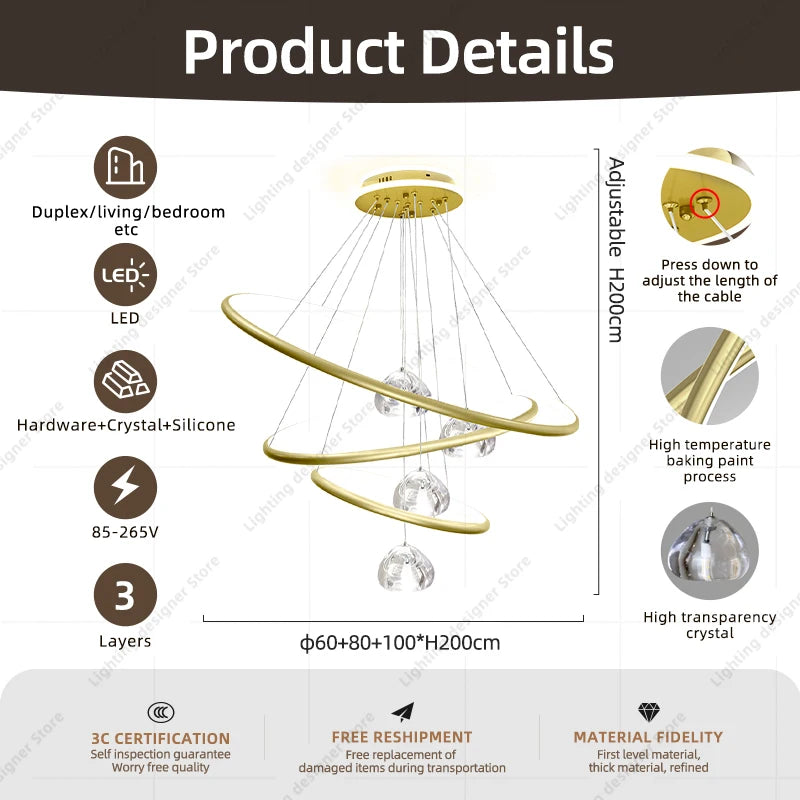 lustre moderne en cristal avec éclairage à led