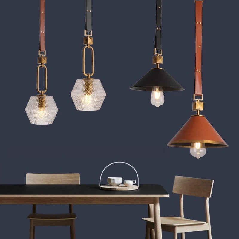 lustre moderne en cuir avec suspension lumière et verre cristal