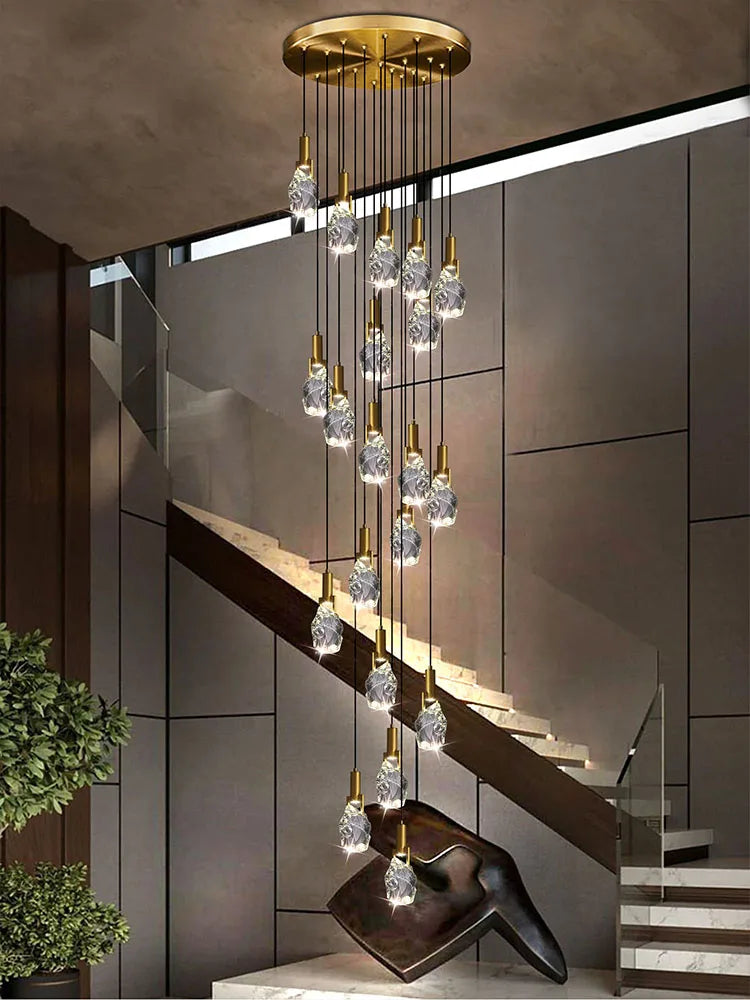 lustre moderne créatif en cristal pour escalier colimaçon