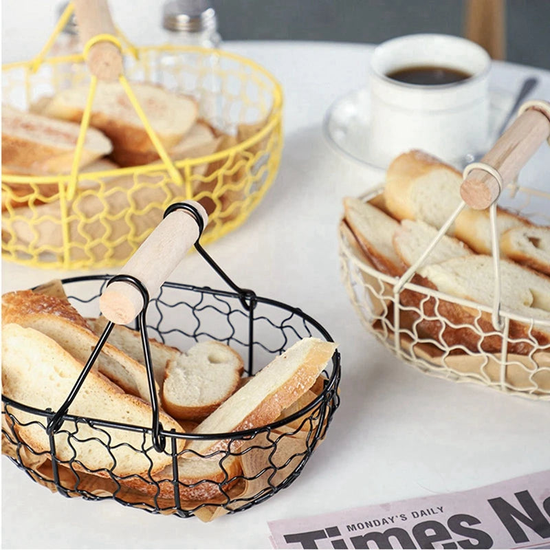 panier en fer pour fruits légumes et pain avec poignée en bois