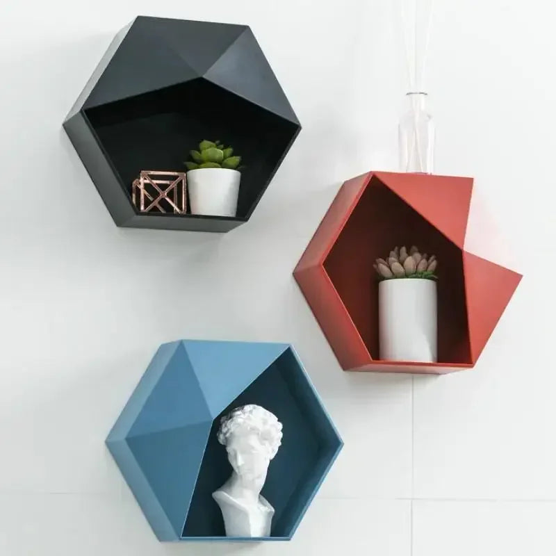 support mural en bois hexagonal pour livres et décorations