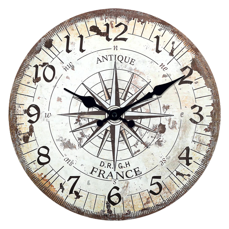 horloge murale en bois motif boussole rétro décoration silencieuse