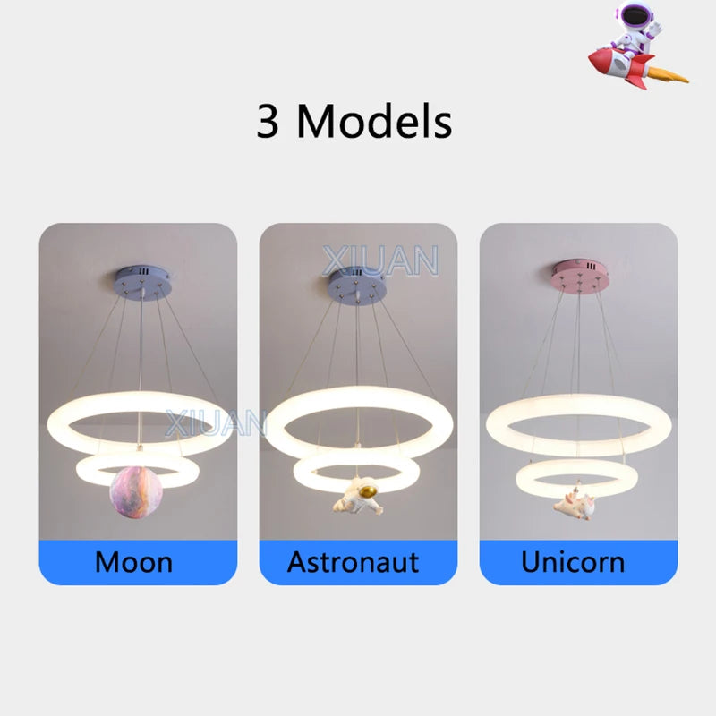 Creative Children's Room Pendant Lamps 360 Degree Lighting Annular Sconces Unicorn Astronaut Bedroom Hanging Light Pink Blue