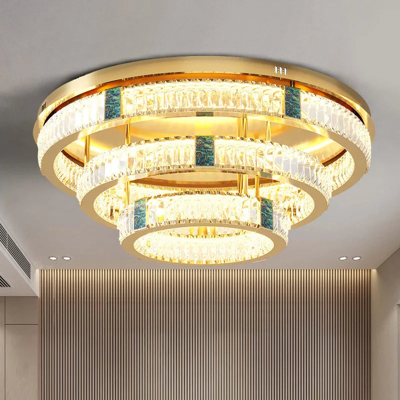 lustre moderne en cristal rond à trois couches led