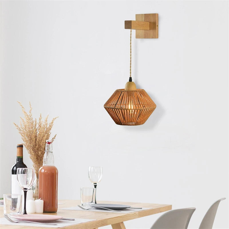 lampe de chevet rétro en rotin rétractable pour intérieur décoratif