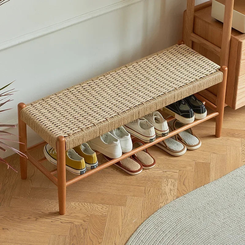 tabouret à chaussures en bois massif tressé en rotin style rétro moderne