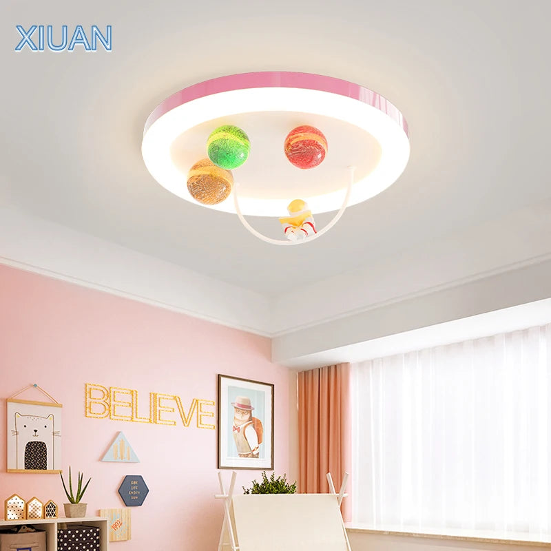 Creative Colorful Glass Ceiling Chandelier Light Planet Astronaut Ceiling Lamps Pink Blue Chrome 220V Children's Bedroom Lamps