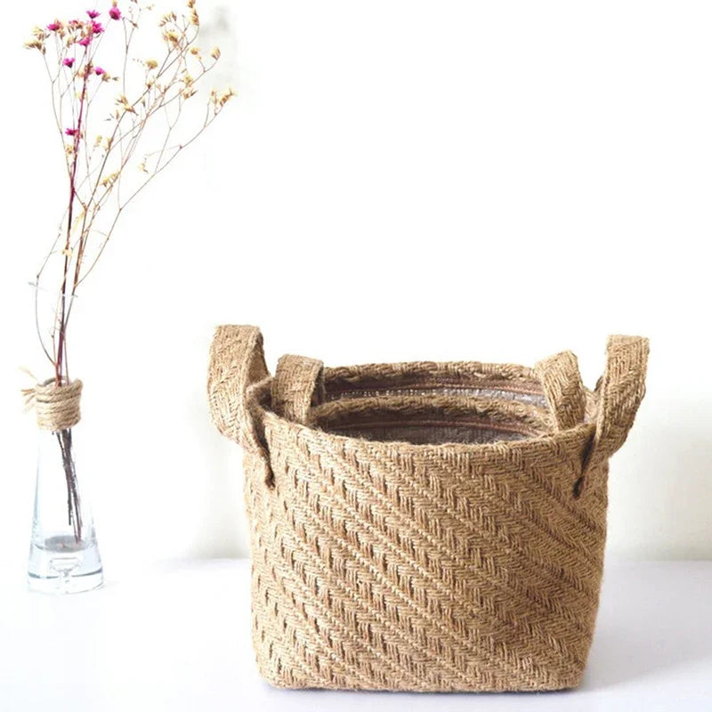 panier de rangement en toile de jute tissée multifonctionnel