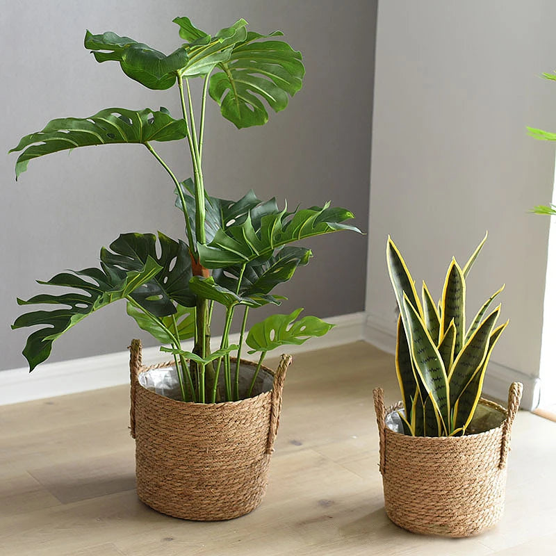 panier tissé à la main en paille pour plantes et linge