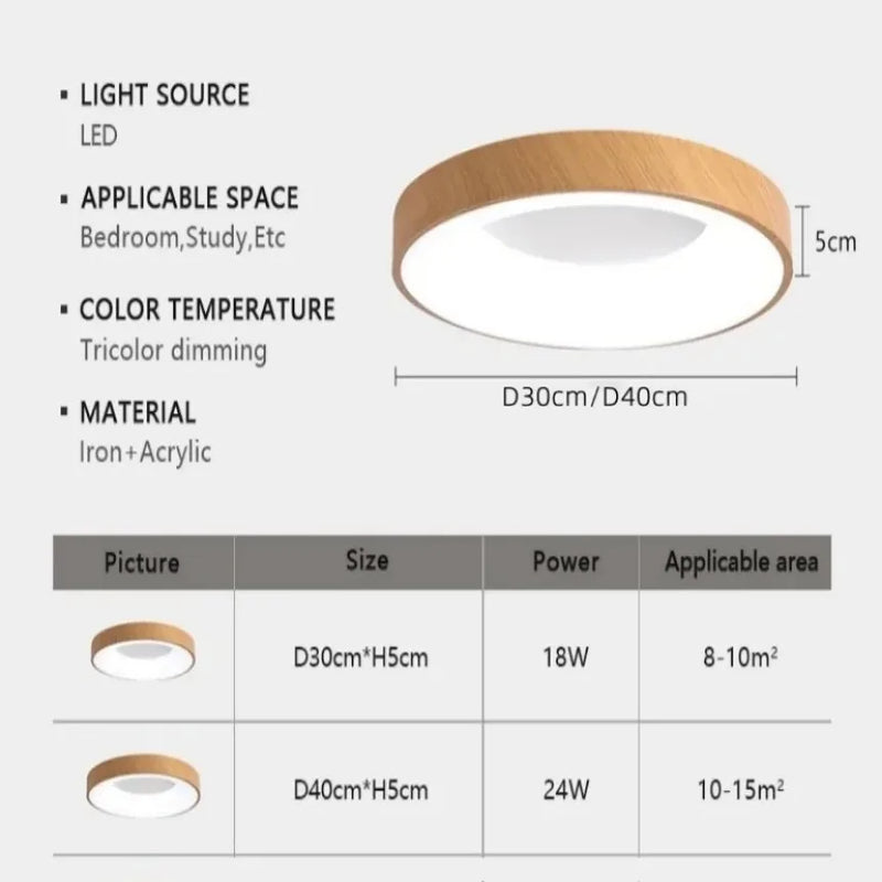 plafonnier led moderne circulaire grain de bois ultra-mince décoratif