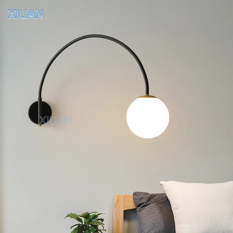 Minimalist Long Pole Fishing Wall Lamp Rotate Swing Arm White Glass Ball Wall Light for Living Room Bedroom Dining Table Indoor