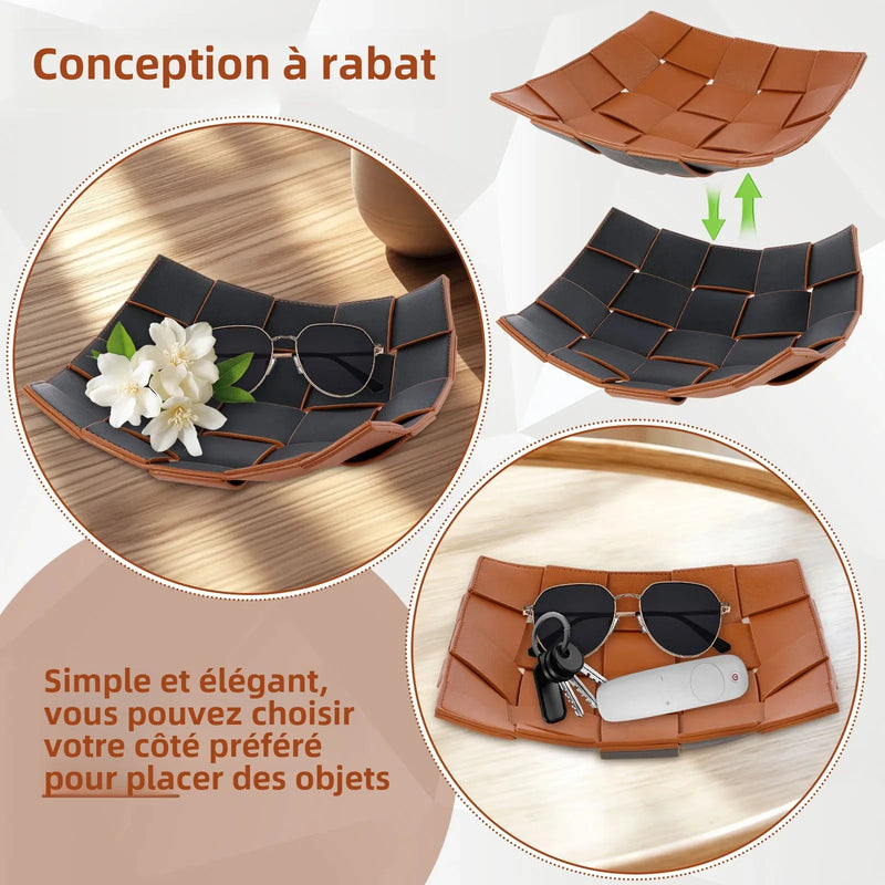 plateau de rangement en cuir pour clés et objets divers