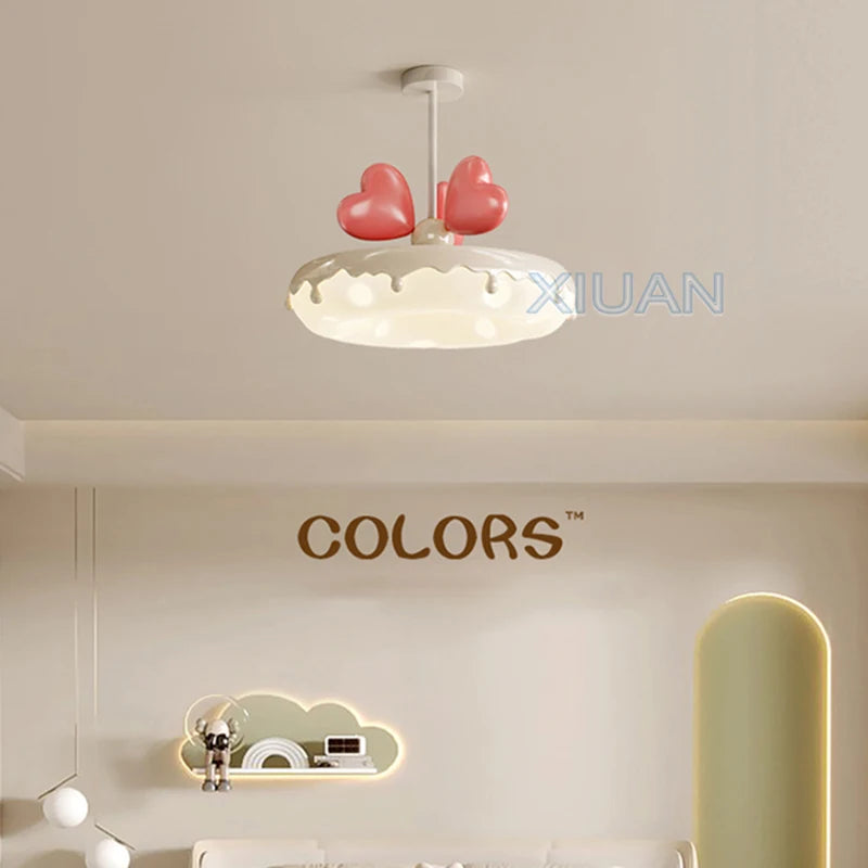 Creative Children Bedroom Chandelier Lamp with Pink Heart Bow Tie Crown Pendant Light for Princess Room Girl Nursery Baby Decor