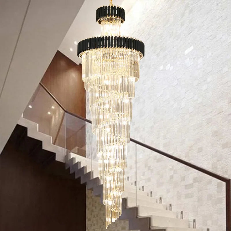 lustre led spirale luxe suspension cristal pour hauts plafonds