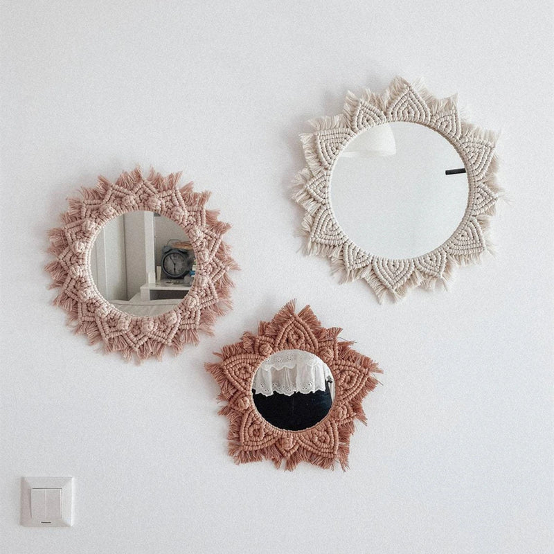 miroir rond en macramé style bohème pour décoration murale