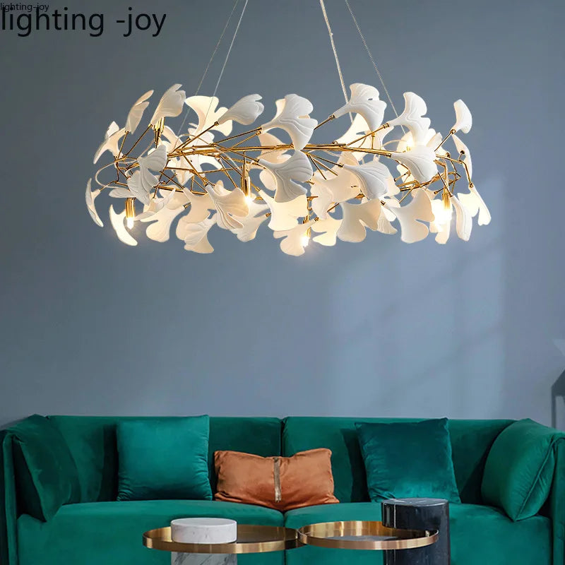 lustre led de luxe moderne en céramique motif ginkgo art villa