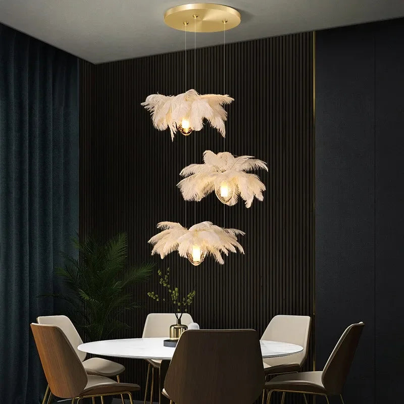 2024Staircase Feather Chandelier Ostrich Glass Design Pendant Chandelier Lighting Home Decor Suspend Lustre Fixtures