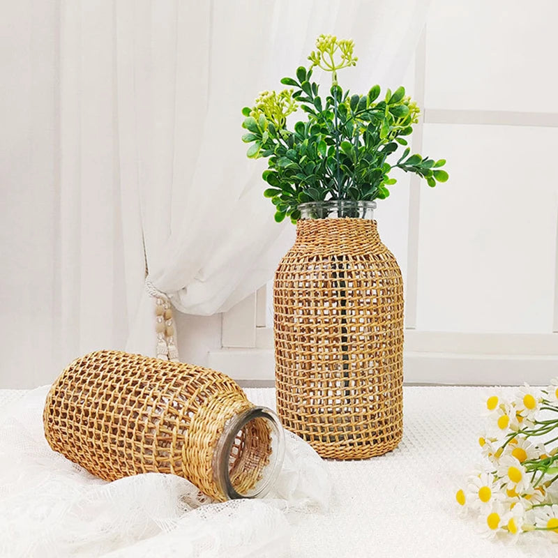 vase en rotin tissé pour fleurs séchées décoration rétro