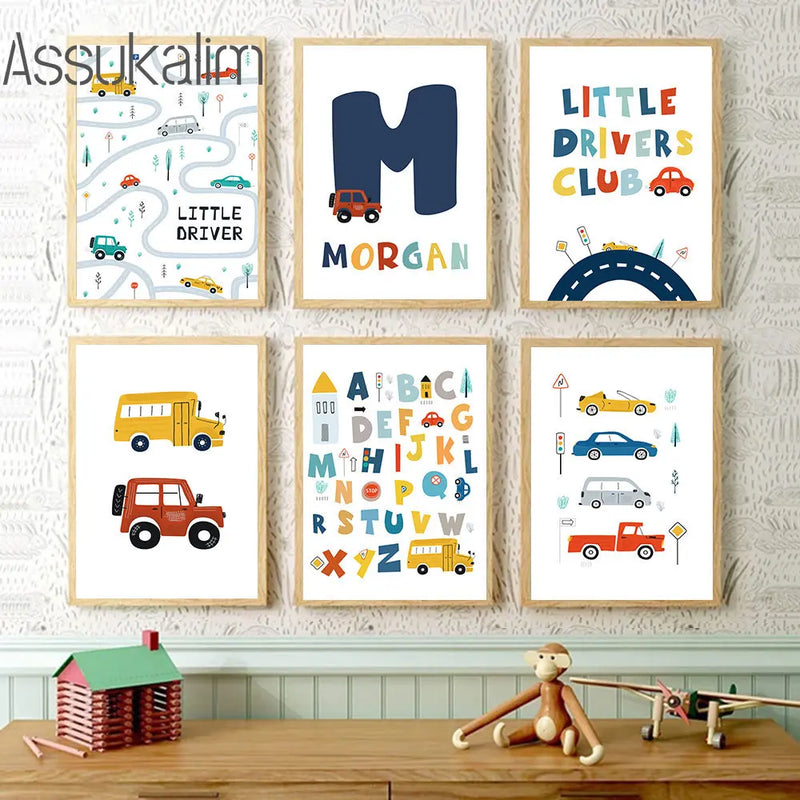 toile murale personnalisée avec alphabet jouets et voiture décorative