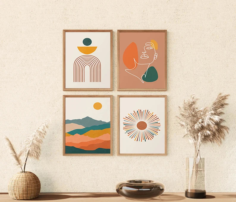 Tableau affiche art boho peinture abstraite paysage soleil décoration intérieure