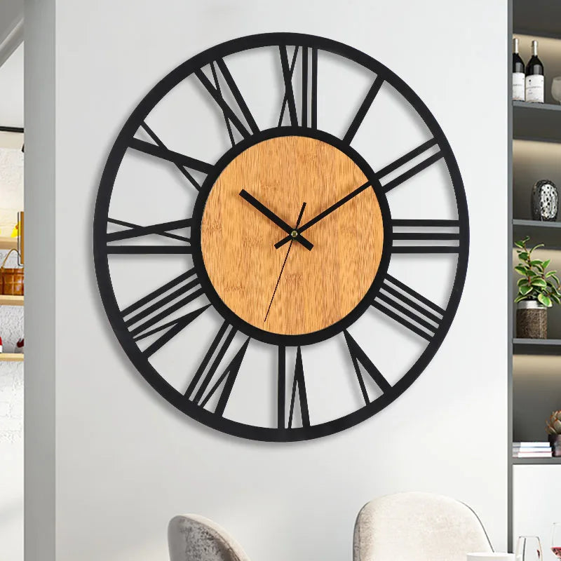 horloge murale 3D rétro avec chiffres romains en bois et métal