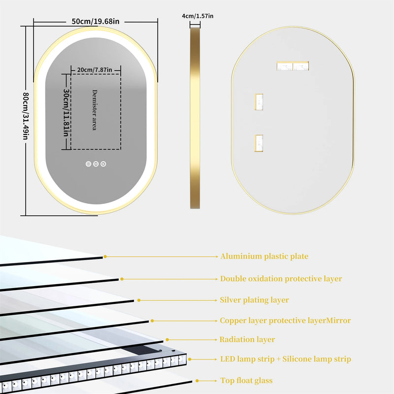 miroir ovale intelligent antibuée avec éclairage led ajustable