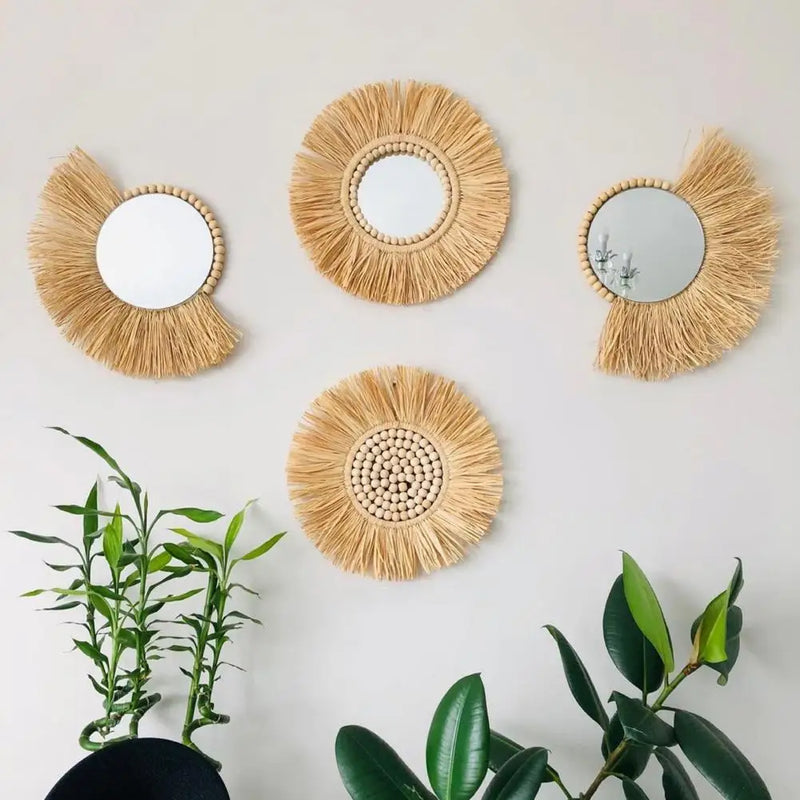 miroir suspendu en raphia et perles en bois décoratif multifonctions