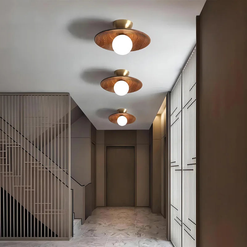 Walnut wood Brass lighting, Modern Minimalism Wabi-sabi Style, Ceiling light for Porch, Entrance, Corridor, Balcony