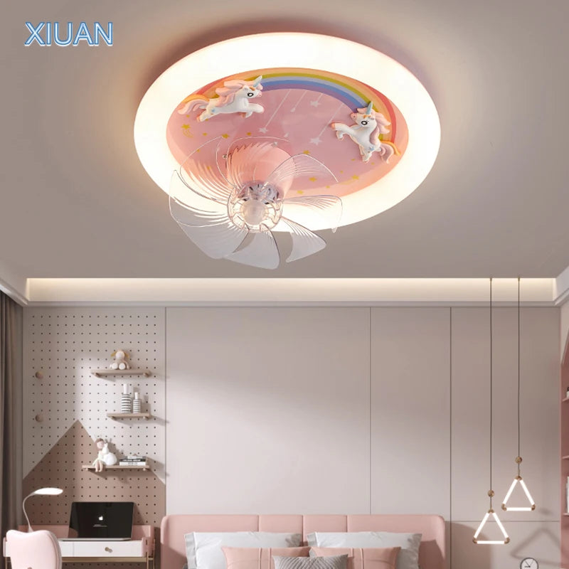 Creative LED Ceiling Light with Fan Pink Princess Children's Room Bedroom Ceiling Fan Resin Unicorn Rainbow Remote Control 220V