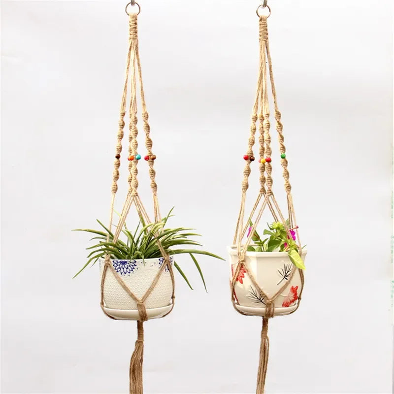 panier suspendu en corde de chanvre pour plantes décoratives