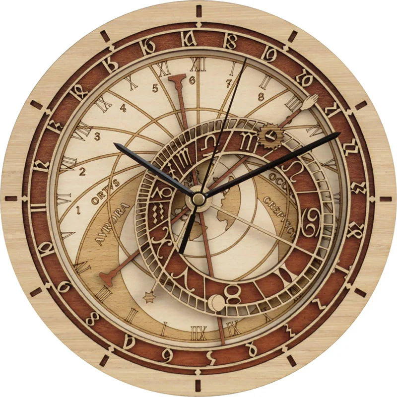 horloge en bois avec signes du zodiaque et constellations art déco