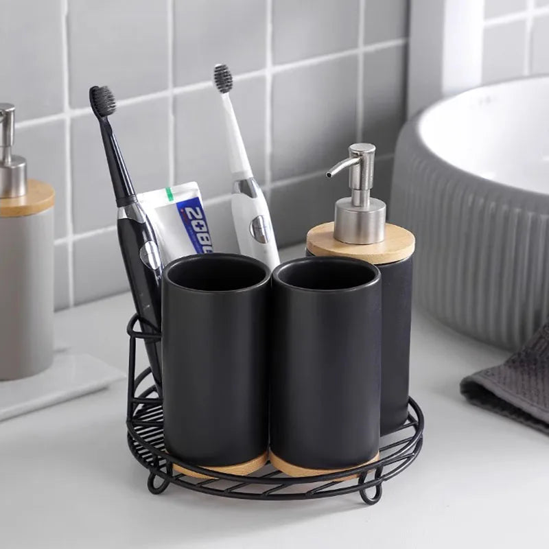 porte-brosse à dents en céramique style nordique avec base en bois