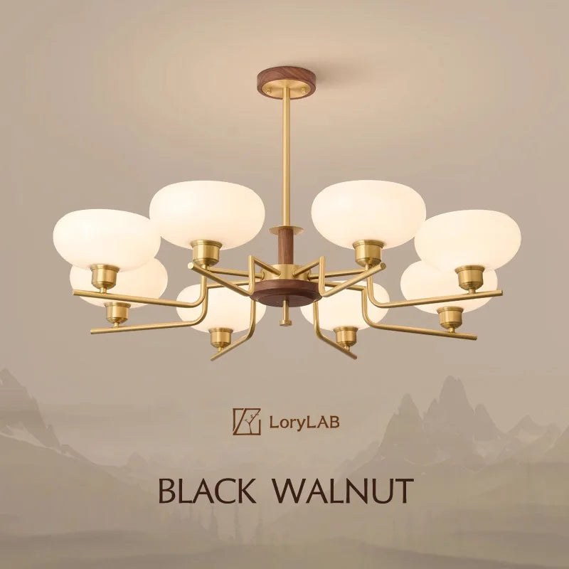 Walnut Wood Glass Brass, Wabi-sabi Modern Vintage style, chandelier lights for Living room, Bedroom, dining room, study