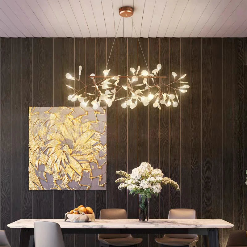 2024 Nordic Hanging Living Room Chandelier Large Modern Kitchen Firefly Lamp Rose Gold Black Branch Round Chandelier Lighting