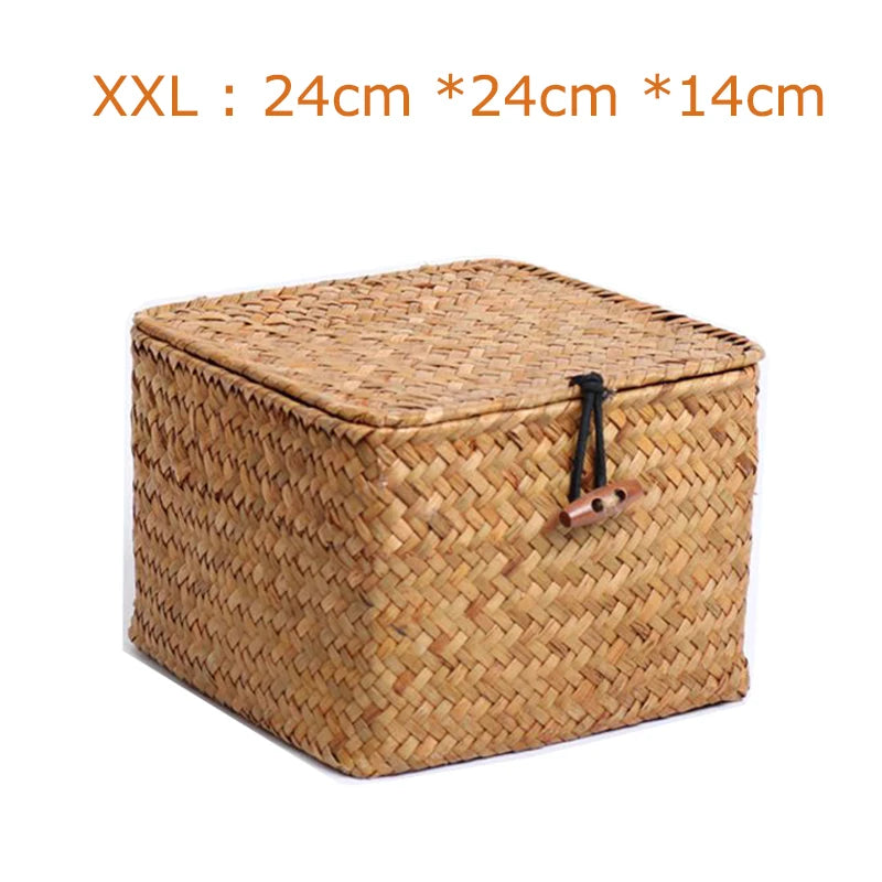 panier de rangement en algues tissé à la main avec couvercle