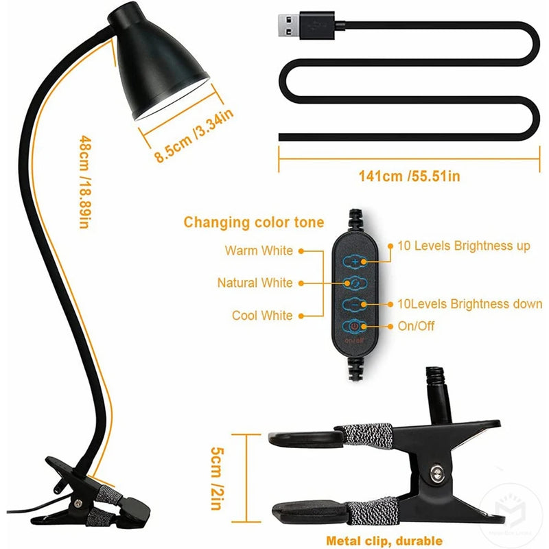 38 LED Desk Lamp 3 Color Modes 10 Brightness Dimmer Reading Light Auto Off Timer Desk Light Flexible Gooseneck Clip Book Light