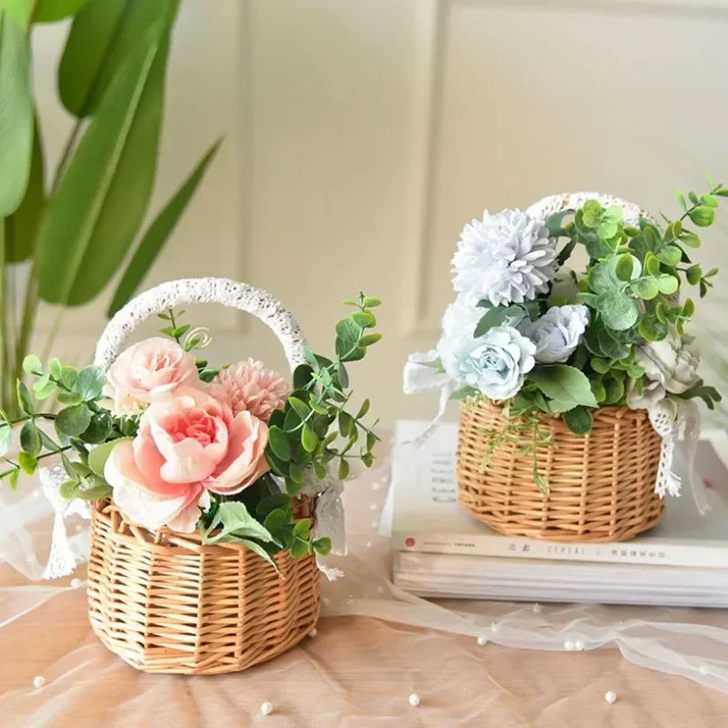 panier en rotin naturel tissé à la main pour mariage décoratif avec dentelle