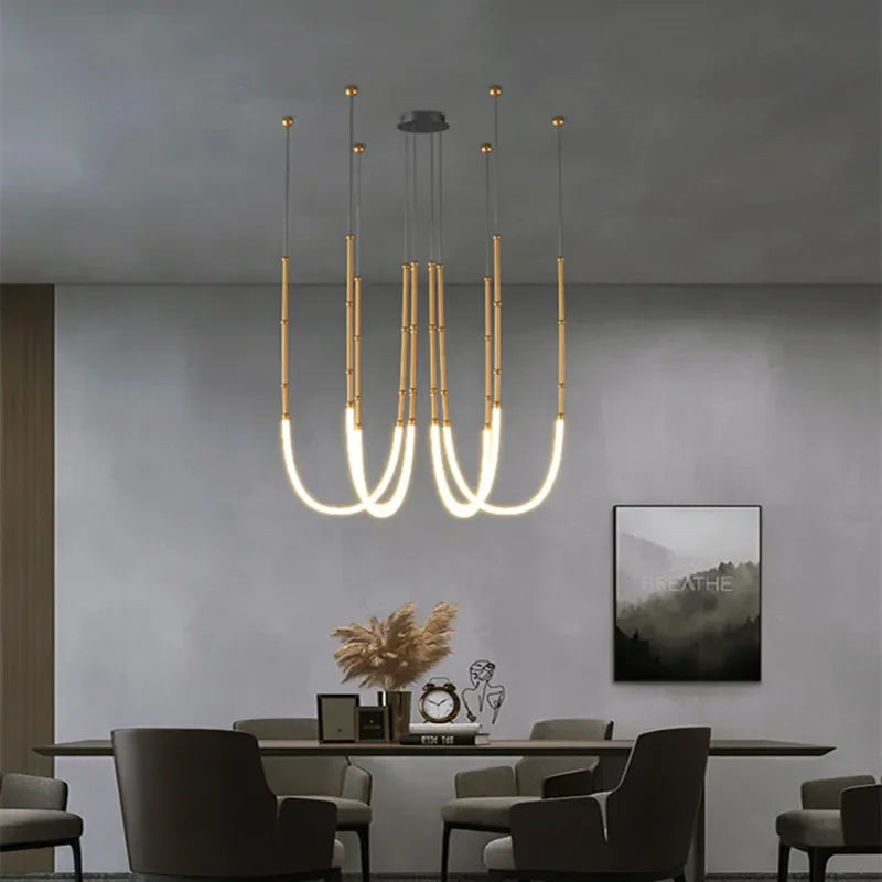 Italian New Restaurant LED Chandelier Modern Villa Living Room Creative Hanging Lamp Simple Line Lights Duplex Floor Chandeliers