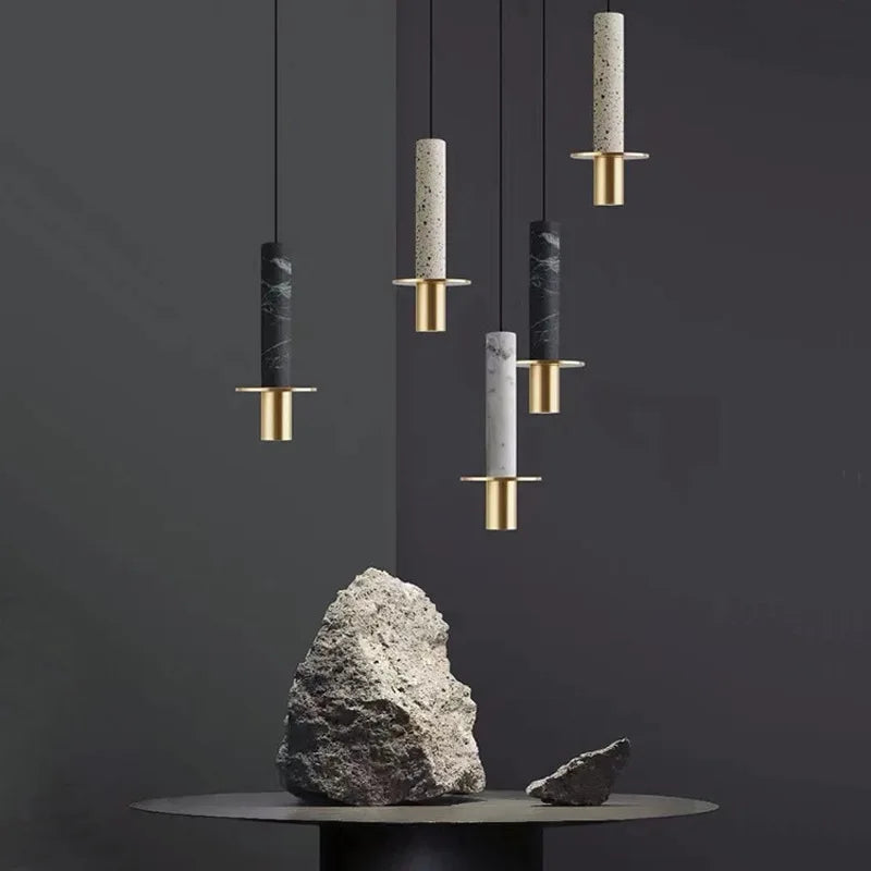 Lampe moderne Terrazzo lustre en marbre projecteur cylindrique suspension Restaurant réception marbre Led lustre trou pierre