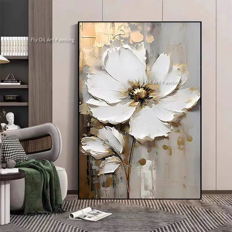 Tableau peinture à l'huile épaisse fleurs blanches abstraites décoration murale luxe