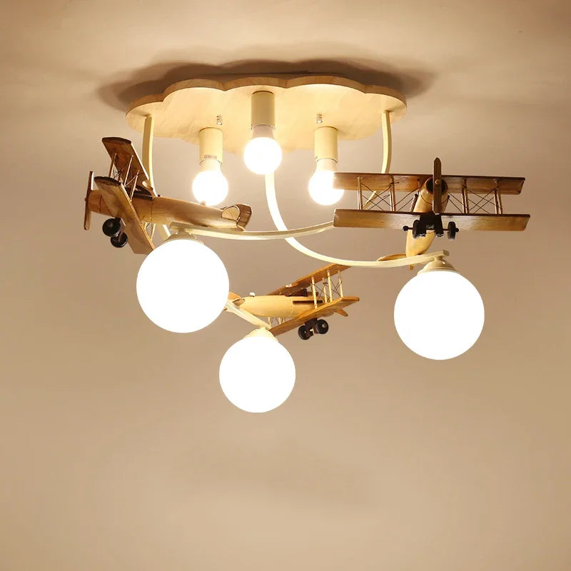 lustre en bois avion pour chambre d'enfant plafonnier led