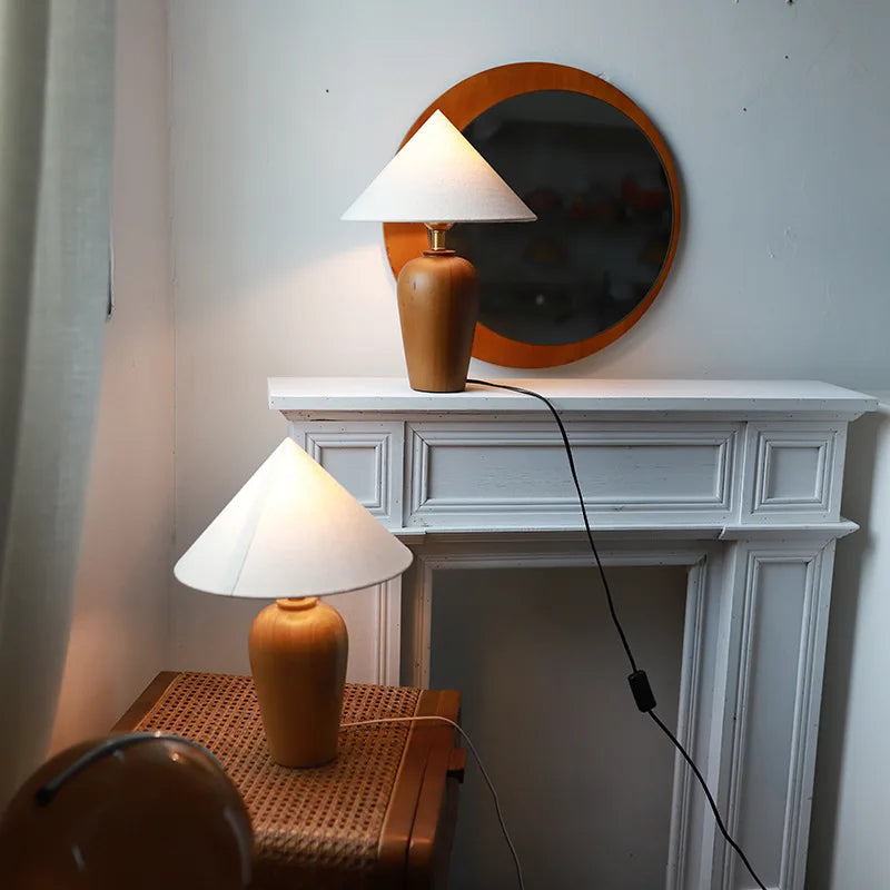 Vintage Table Lamp Desk Light with Wood Stand Fabric Shade