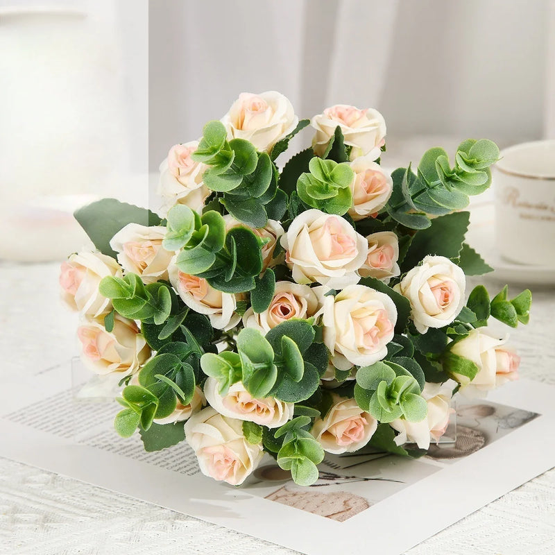 lot de 10 roses artificielles bouquet avec eucalyptus et pivoines décoratif