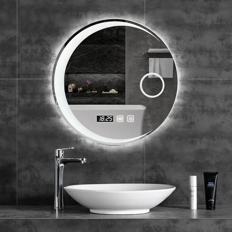 miroir rond avec lumières led cadre en acier noir