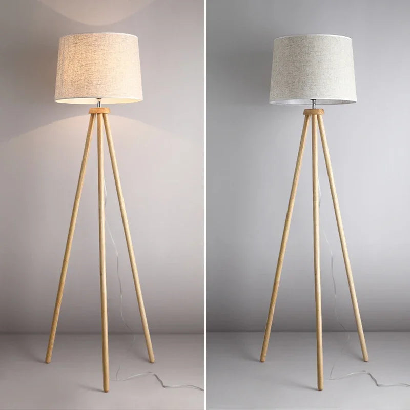 lampadaire en bois massif avec abat-jour en tissu moderne