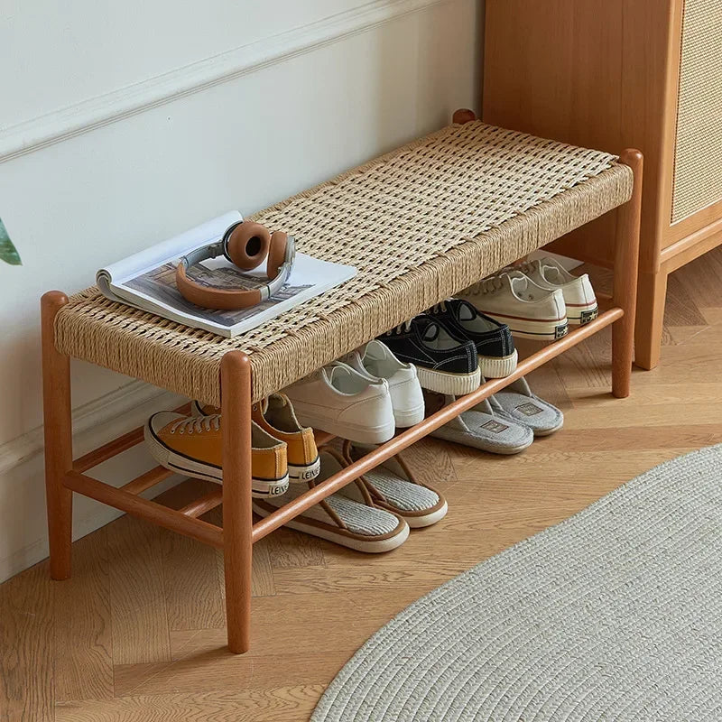 tabouret à chaussures en bois massif tressé en rotin style rétro moderne