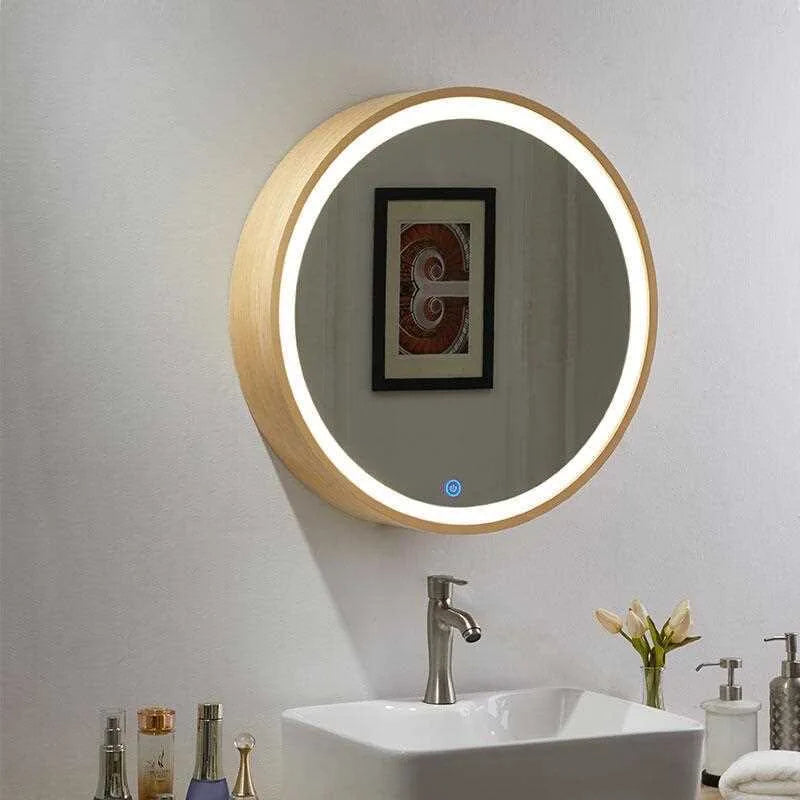 miroir rond lumineux avec cadre en bois tactile