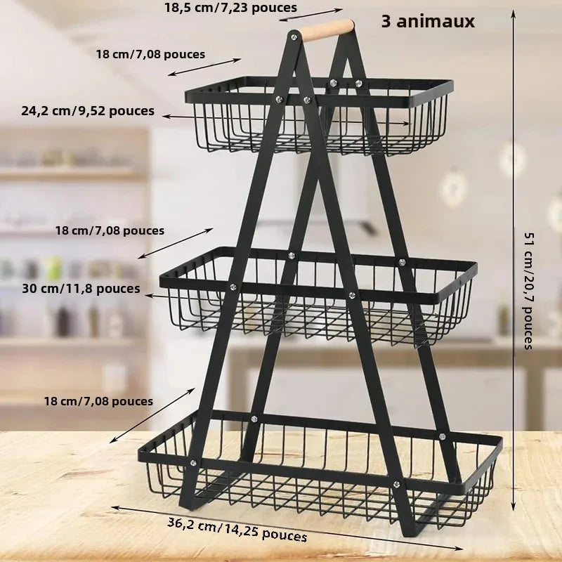 corbeille à fruits en métal à trois niveaux pour rangement de légumes