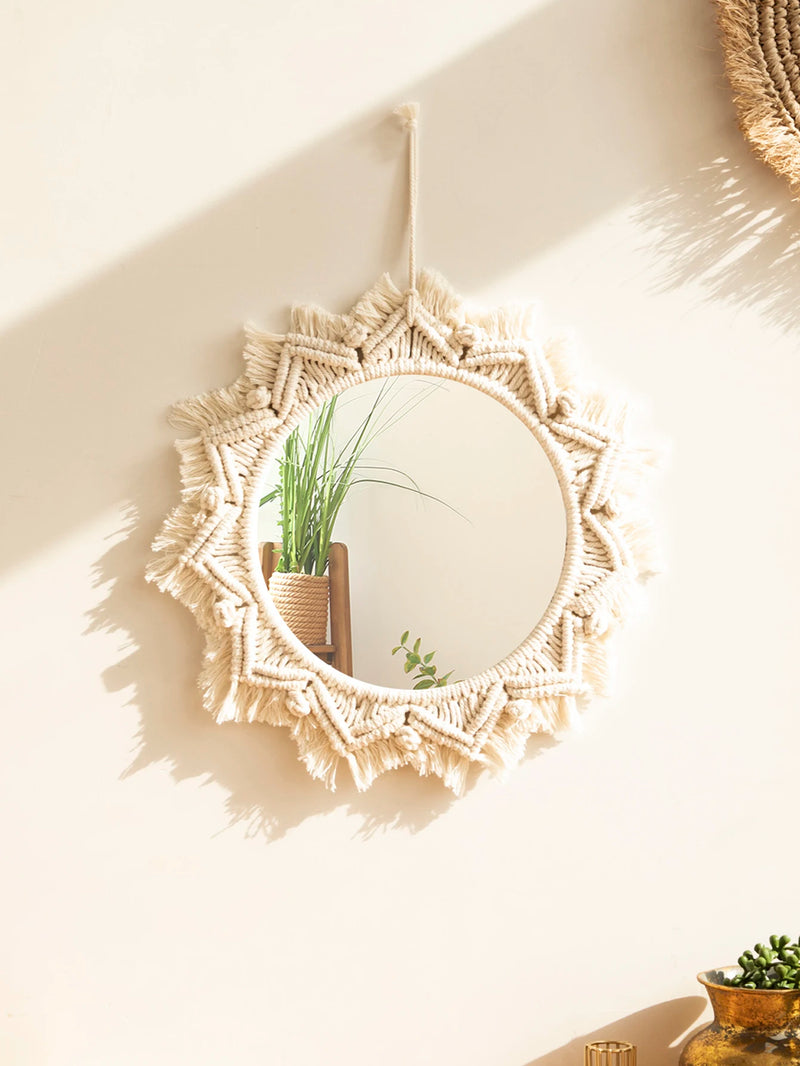 miroir décoratif boho en macramé pour décoration murale artisanale